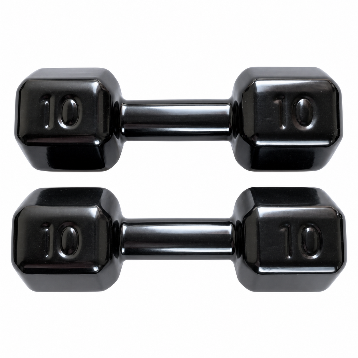 Par de halteres Voeil 10 kg — imagem principal Par de halteres sextavados Voeil de 10 kg em vinil preto sobre fundo branco
