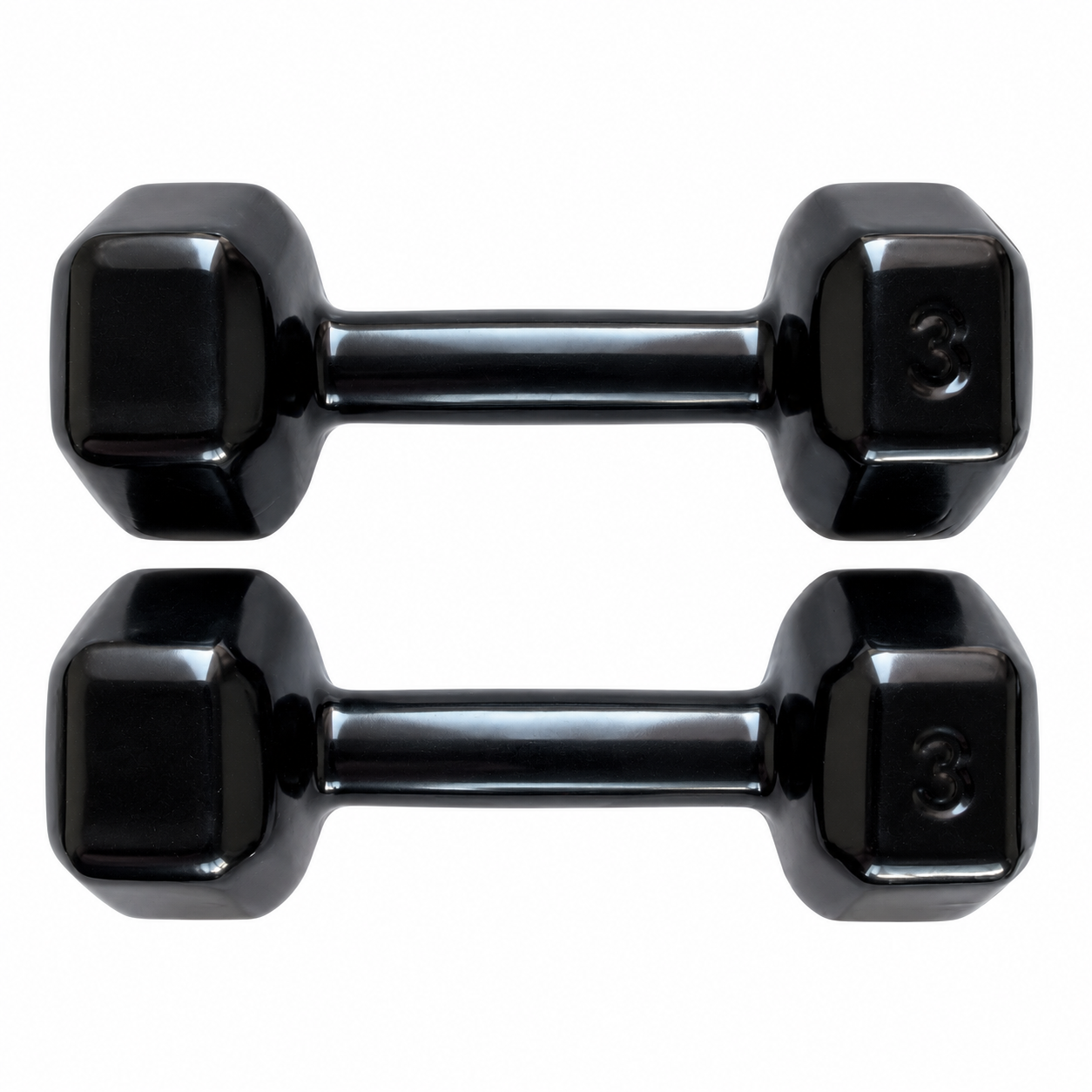 Par de halteres Voeil 3 kg — imagem principal Par de halteres sextavados Voeil de 3 kg em vinil preto sobre fundo branco