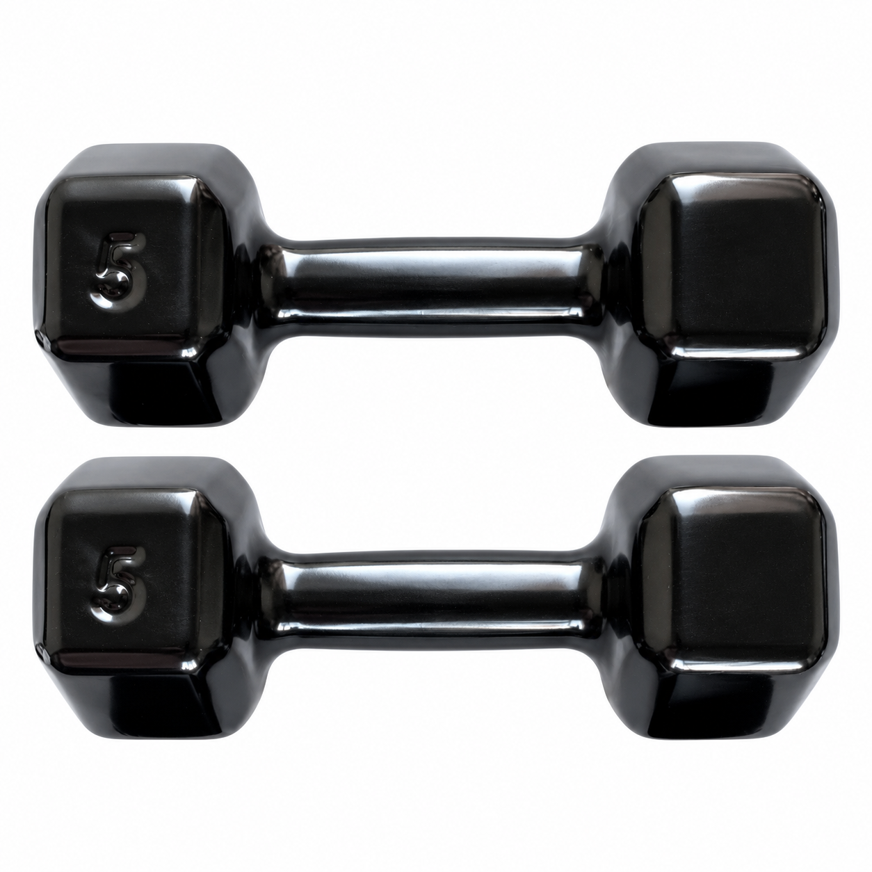 Par de halteres Voeil 5 kg — imagem principal Par de halteres sextavados Voeil de 5 kg em vinil preto sobre fundo branco