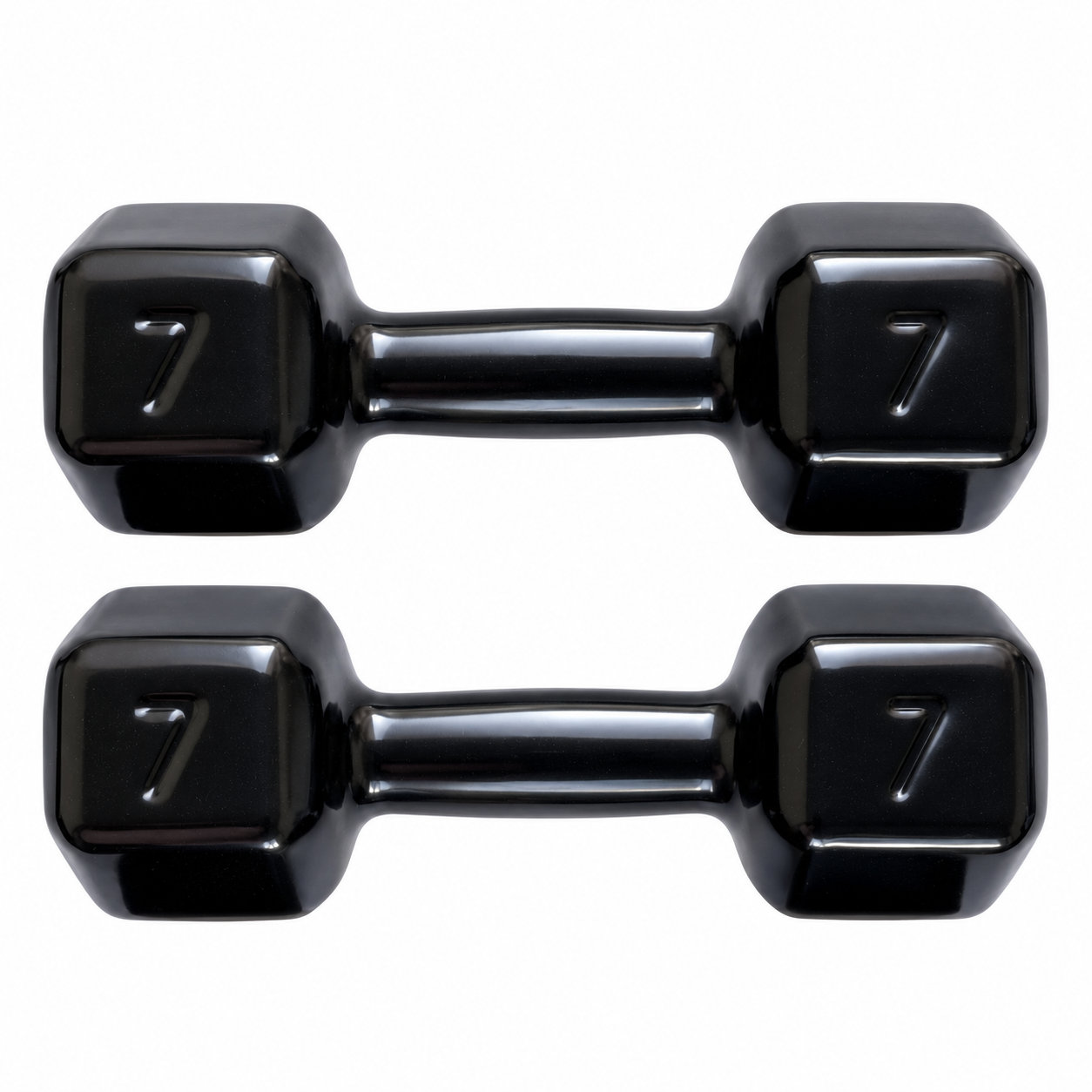 Par de halteres Voeil 7 kg — imagem principal Par de halteres sextavados Voeil de 7 kg em vinil preto sobre fundo branco