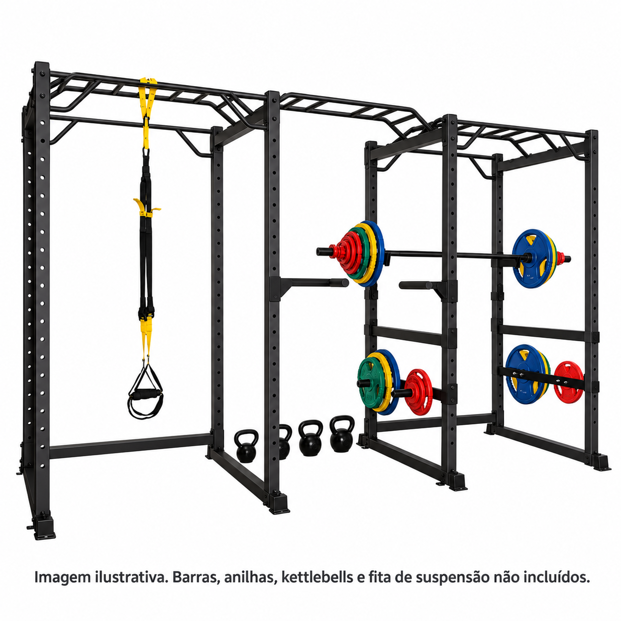 Kit de Gaiola MC 300 — imagem principal ilustrativa Kit de Gaiola MC 300 em imagem ilustrativa; barras, anilhas, kettlebells e fita de suspensão não incluídos