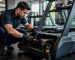 Técnico fazendo manutenção preventiva em esteira de academia de condomínio
