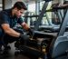 Técnico fazendo manutenção preventiva em esteira de academia de condomínio